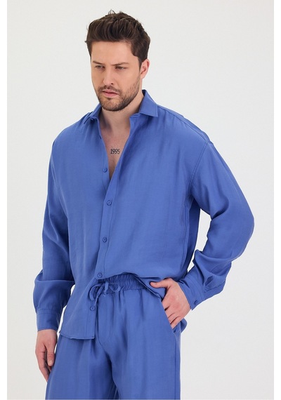 Erkek Oversize Rahat Kalıp Gömlek-pantolon Alt-üst Takım Saks Mavi