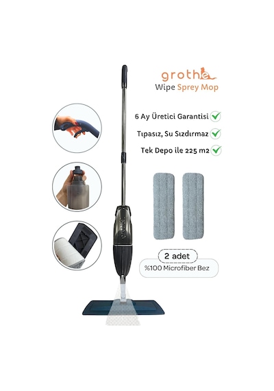 Grothe Wipe Sprey Mop Gri 2 Mop Bezli Tıpasız Sistem 700 Cc Su Hazneli Mikrofiber Parke Mermer Fayans İçin Üretici Ga