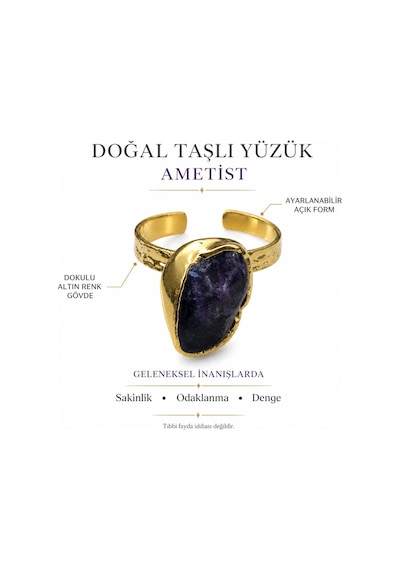 Doğal Ametist Taşlı Ayarlanabilir Kadın Yüzük Altın Renk Dokulu Tasarım Gold
