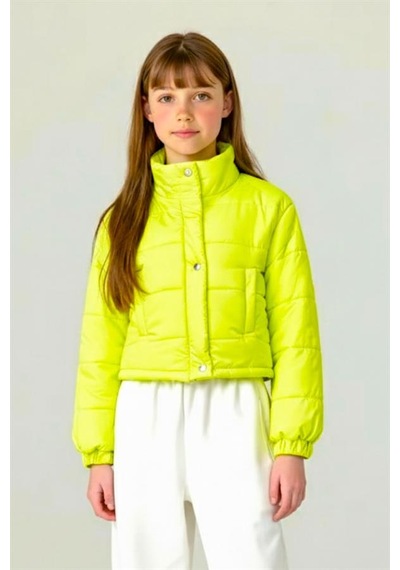 Genel Kız Çocuk Neon Yeşil Çıtçıtlı Fermuarlı Şişme Mont
