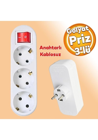 Beyaz 3'lü Grup Priz Golyat Anahtarlı Düğmeli Fiş Priz Topraklı Çoklu Çoğaltıcı Kablosuz Üçlü Piriz