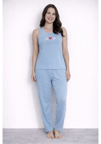 Pemilo Kadın 20616 Kolsuz % 100 Pamuk Pijama Takımı Mavi