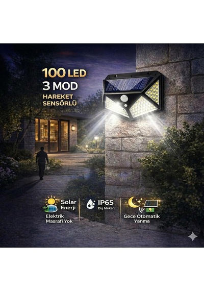 Tr 100 Led'li Güneş Enerjili Solar Duvar Apliği - 1200 Lümen Hareket Sensörlü 3 Modlu Bahçe Aydınlatması, Duvar Diğer