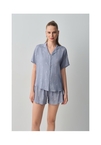 Suwen Jade Gömlek Yaka Şort Pijama Takımı Wsh109100241075 Mavi