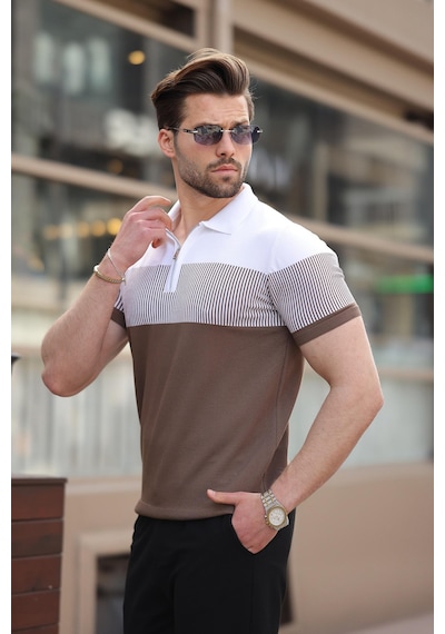 Madmext Vizon Renk Bloklu Polo Yaka Triko Erkek T-shirt E7409 Vizon