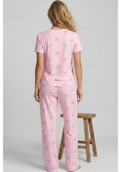 Siyah İnci İnce Soft Örme Mevsimlik Pijama Takımı 8003 Pembe Çizgili Fiyonk