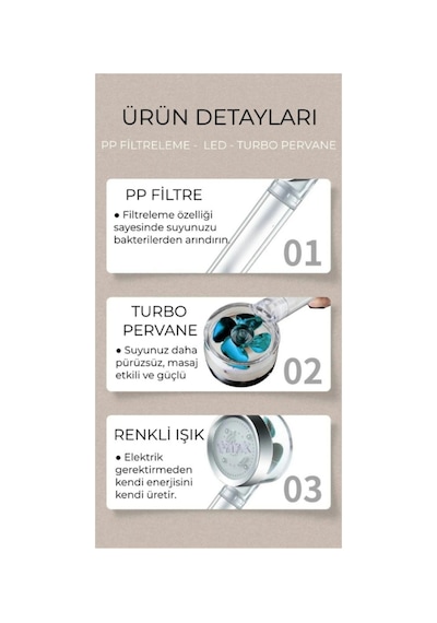 Led Işıklı Turbo Renkli Pervaneli Filtreli Su Tasarruflu Duş Başlığı Çok Renkli