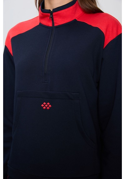 Tommy Life İndigo Kompakt Pamuklu Kalın Pürüzsüz Dokulu Dik Yaka Oversize Fit Kadın Eşofman Takım - 95342 Indıgo İndigo