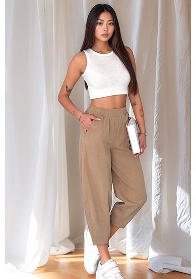 Meine Liebe Unterwäsche Kadın Pamuklu Bel Lastikli Dikiş Detaylı Camel Gabardin Kumaş Pantolon Camel