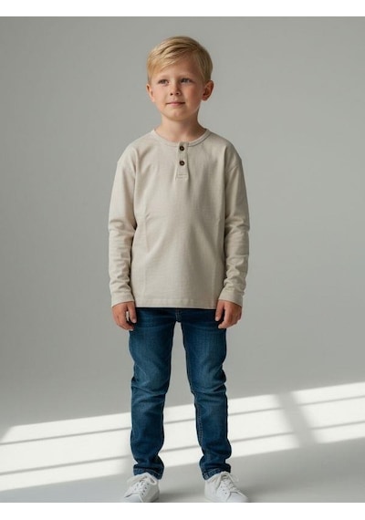 Zekids Erkek Çocuk Düğmeli Pamuklu İnce Uzun Kollu T-shirt-16778 Bej