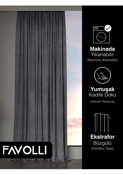 Kadife Dokulu Gri Ada Fon Perde Ekstrafor Büzgülü Dream Series Gri