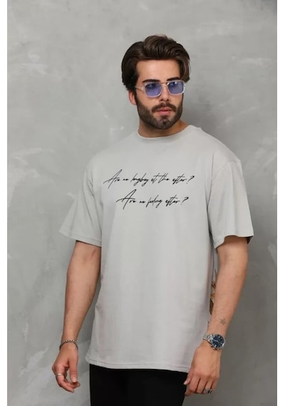 Vexor Unisex Bisiklet Yaka Baskılı Oversize T-shirt - Gri