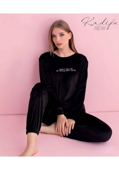Pijamerry Kadın Kışlık Bisiklet Yaka Kadife Pijama Takımı 3050s - 1 Adet Siyah