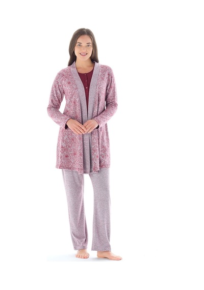 Feyza Pijama Kadın Yakası Düğmeli Çicek Desenli Jakarlı 3'lü Pijama Takımı
