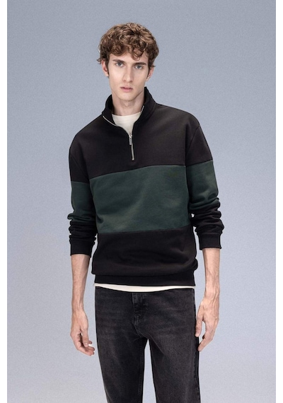 DeFacto Comfort Regular Fit Rahat Kalıp Dik Yaka Fermuarlı Çizgili Kalın Sweatshirt D2401AX24AUBK34