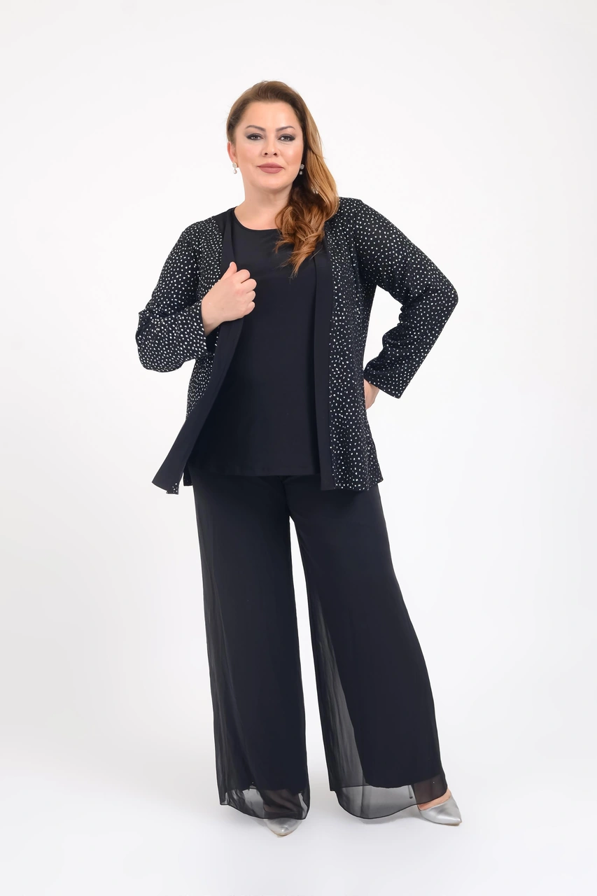 Lilas Xxl Büyük Beden Gümüş Renkli İkili Takım Abiye Bluz Gümüş