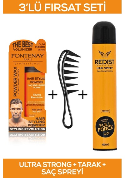 Fontenay Saç Şekillendirici Pudra Toz Wax Ultra Strong Turuncu + Şekil Tarağı + Saç Spreyi 400 ML 3'lü Set
