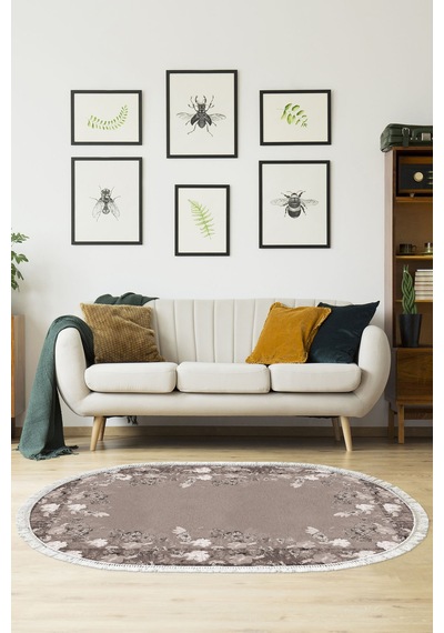 Dijital Baskılı Oval Salon Halısı Kaymaz Yıkanabilir Keçe Taban Saçaklı Çiçekli P1388 gri