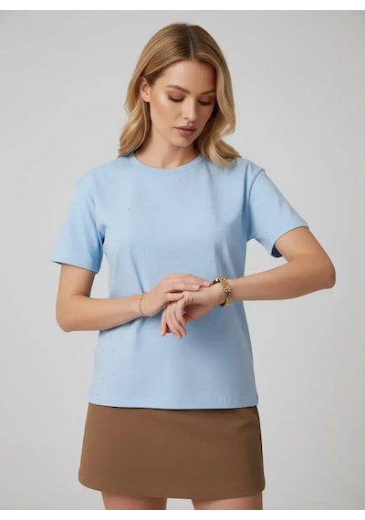 Park Karon 26047 Pamuk Kadın Bisiklet Yaka Taş İşleme Oversize Penye Bluz Bebe Mavi