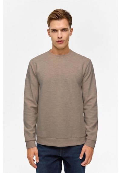 Süvari Bol Kesim O Yaka Melanj Desenli Waffle Sweatshirt Koyu Kahve Kh9