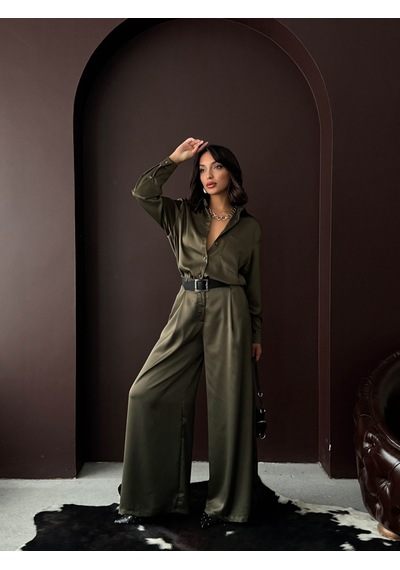 Verymoda Yüksek Bel Bol Paça Saten Pantolon Şık Ve Rahat Tasarım F2052 Haki