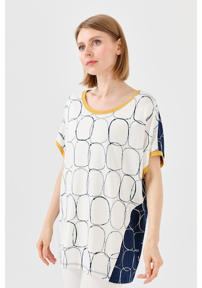 Kadın Yakası Ve Kolu Sarı Bantlı Penye T-shirt Laci/ekru Lacivert