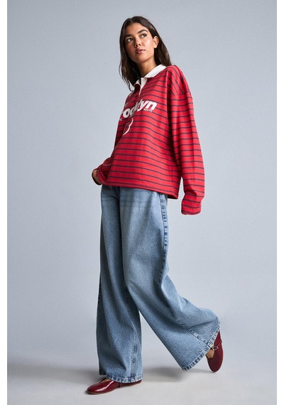 Defacto Oversize Polo Yaka Çizgili Baskılı Kalın Kumaş Sweatshirt H5841ax26wnrd227 Kırmızı-rd227