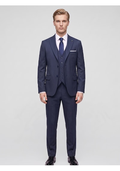 Tk6896 Erkek 3 Parça Slim Fit Çift Yırtmaçlı Takım Elbise Yelekli Şık Klasik Takım 6 Drop Lacivert