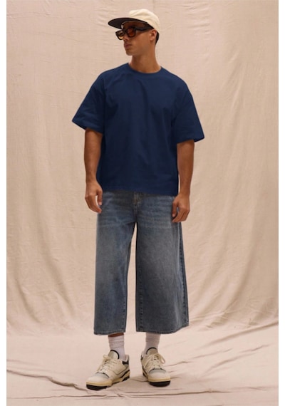 Erkek %100 Organik Pamuklu Kalın Dokulu Comfort Fit Bisiklet Yakalı T-shirt Lacivert
