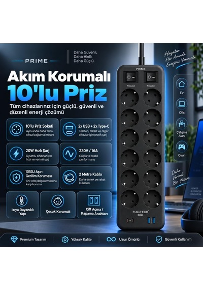 Termal Akım Korumalı, 10'lu Priz Soketi, 10x Priz, 2x Usb, 2x Type-c Girişi, 20w Hızlı Şarj, Isıya Dayanıklı Ya 0