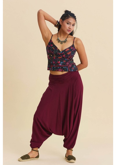 Drape Detay Beli Lastikli Şalvar Pantolon Bordo