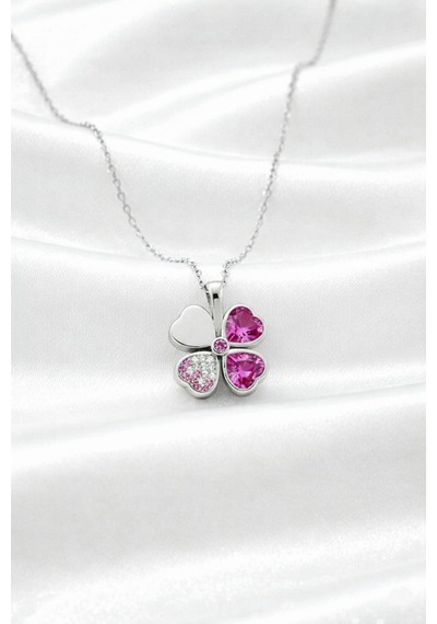 Çekirdekjewelry 925 Ayar Gümüş Pembe Taşlı Taşlı Yonca Kolye Gri