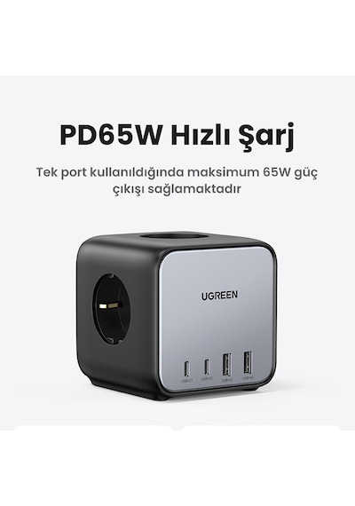 Ugreen Diginest Cube 65w Gan 2 Hızlı Şarj Cihazı 2 Usb / 2 Type-c 3'lü Akım Korumalı Küp Grup Priz
