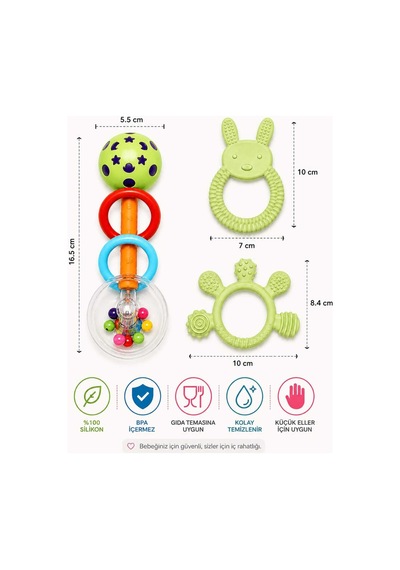 3lü Çıngıraklı Diş Kaşıyıcı Set Yeşil