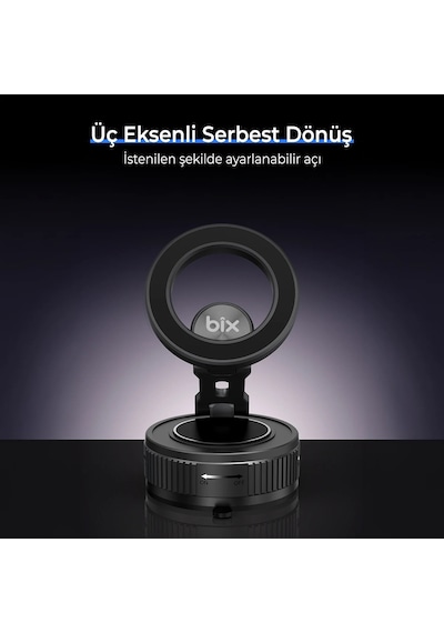 Bix Bxch12 360 Derece Dönebilen Vakumlu Manyetik Mıknatıslı Araç İçi Telefon Tutucu Siyah