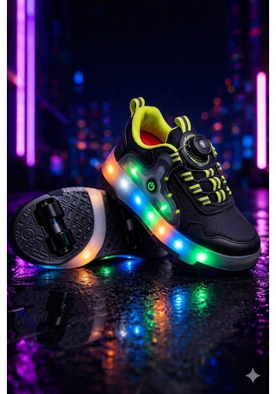 Elit Eyl034 Erkek Çocuk Rgb Led Işıklı Çıkarılabilir Tekerlekli Paten Ayakkabı Siyah - Sarı