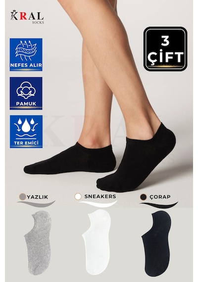 Kral Socks Unisex Düz Desen 3 Çift Pamuklu Terletmez Yazlı Çorap Asorti