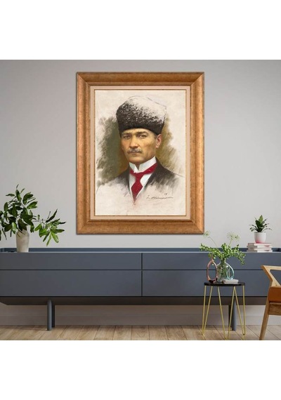 Altın Varaklı Çerçeveli Paspartulu Atatürk Tablo Hk1602