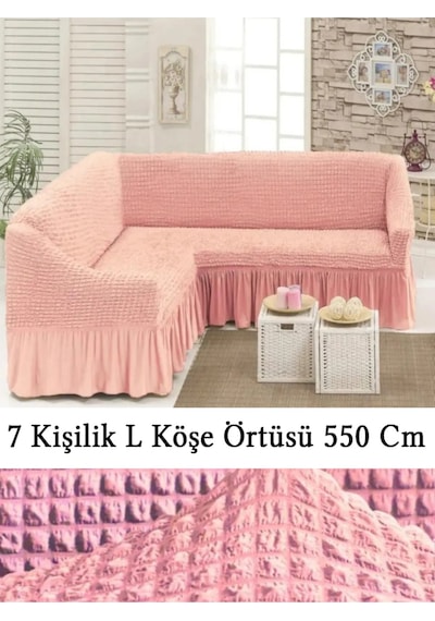 Upmall Bürümcük 7 Kişilik Köşe Koltuk, Kanepe Örtüsü, Koltuk Kılıfı, Lastikli, Etekli, L Köşe 550 Cm Pembe Pembe