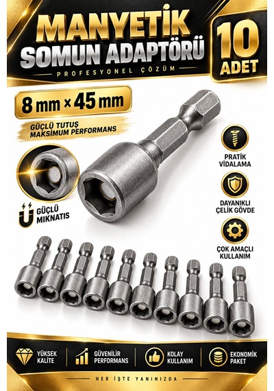 Manyetik Somun Adaptörü 8x45 Mm 10 Adet Lokma Bits Ucu Matkap Vid
