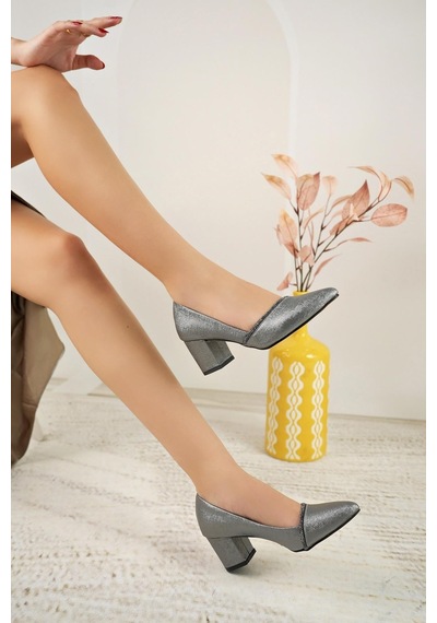 Nesilshoes Nesil Shoes Bln 414-2 Platin Kalın Topuk Kadın Stiletto Platin Nova