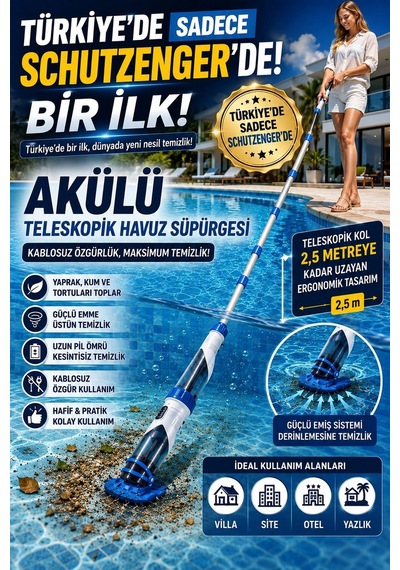 Şarjlı Akülü Teleskopik Havuz Süpürgesi 2,5 Metre Uzayan Kablosuz Güçlü Emişli Yaprak Kum Ve Tortu Temizleyici