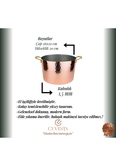 Cuvesta El Yapımı Kalın 1.5mm Bakır Buz Kovası 26x20cm