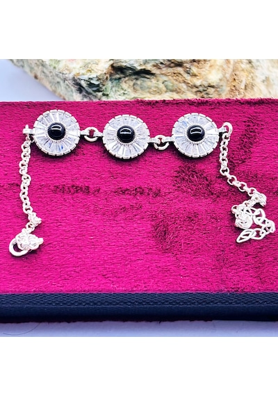Yuvarlak Model Zirkon Ve Oltu Taşı İşçilikli 925 Ayar Gümüş Bileklik Gümüş  - Siyah