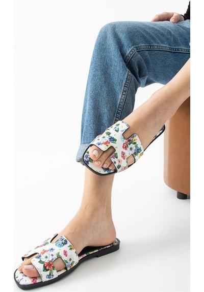 Dabab Shoes Florısa Kadın Çiçek Desenli H Bantlı Beyaz Düz Taban Yazlık Terlik
