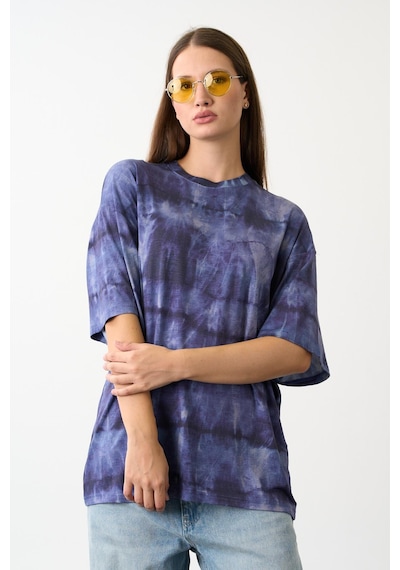 Bisiklet Yaka Batik Baskı T-shirt Mavi