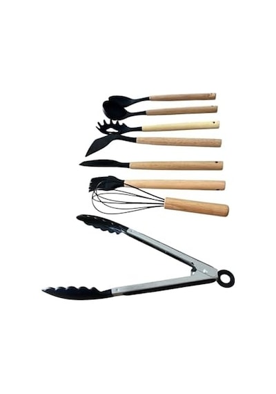 8 Parça Premium Mutfak Seti, Ahşap Saplı Ve Silikon Uçlu, Siyah, Kepçe, Spatula, Çırpıcı, Fırça, Maşa Dahil