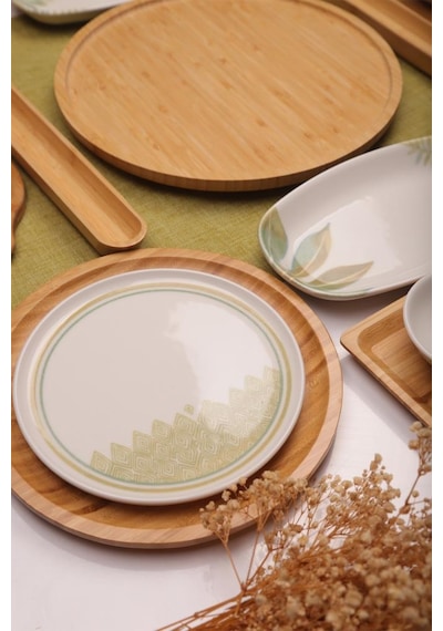 Atbyhome Sage 6 Kişilik 27 Parça Doğal Bambu Porselen Kahvaltı Takımı Kahvaltı Seti Sunum Seti Çok Renkli