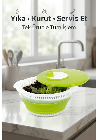 Katlanabilir Salata Kurutucu - Süzgeç Ve Kase Seti - 3'ü 1 Arada 4.5 Litre Yeşil Diğer