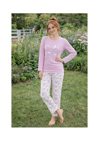 Rindahomewear Kadın Bulut Yıldız Baskılı Süprem Uzun Kol Pijama Takımı Mor